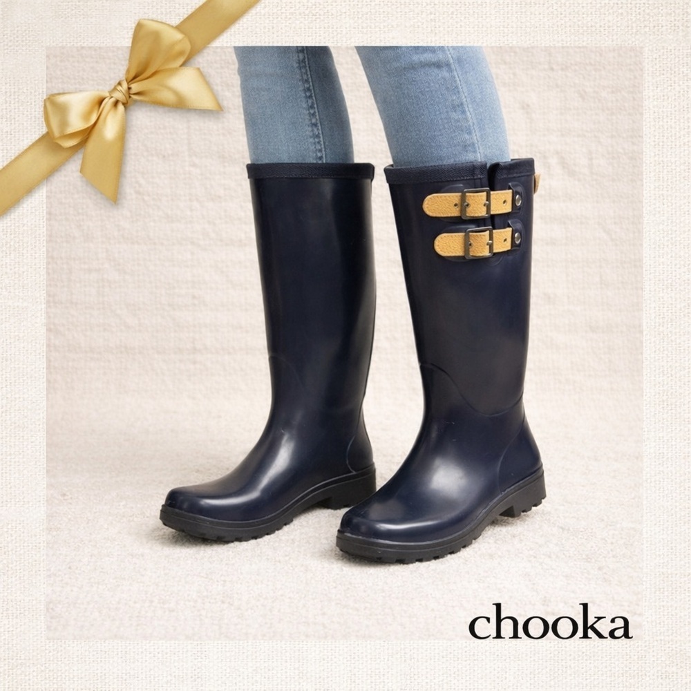 Chooka Rain Boots Rubber Midnight Blue Tan Decorative Buckles Size 7